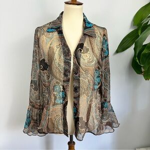 Bohemian Multicolor Paisley Sheer Blouse, Bell Sleeve Whimsigoth, 90’s B1